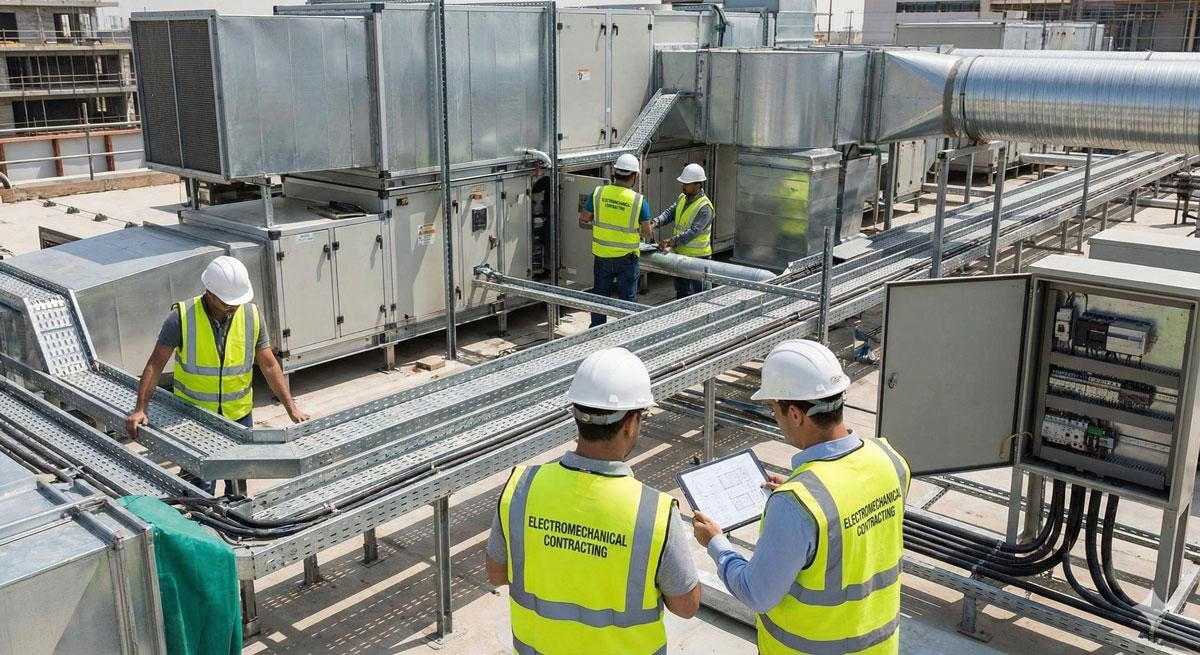 Building services team coordinating mechanical and electrical systems on a commercial project.
