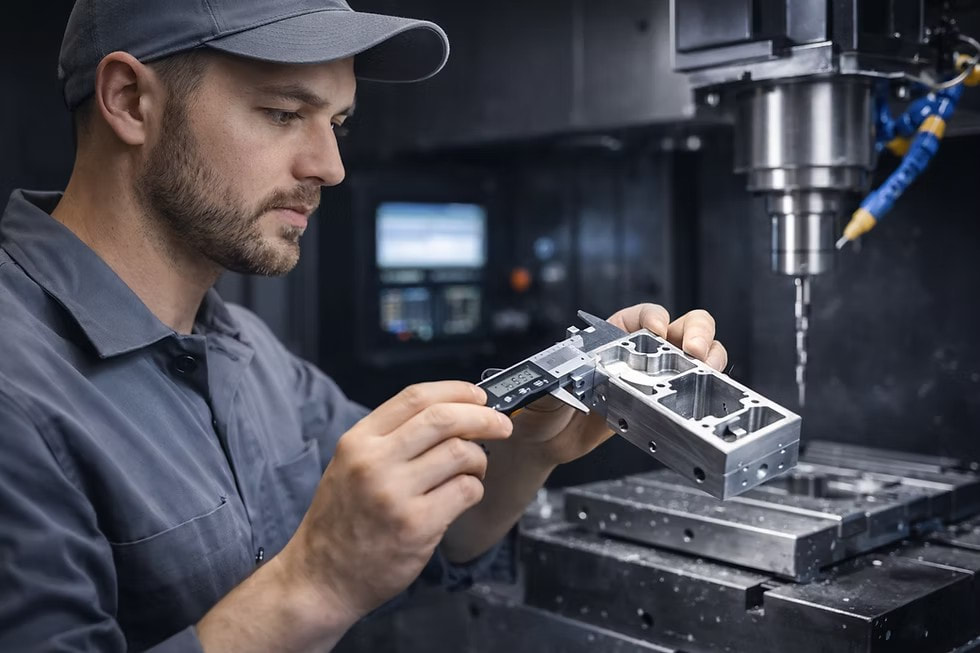 Manufacturing worker measuring a precision component beside CNC machinery