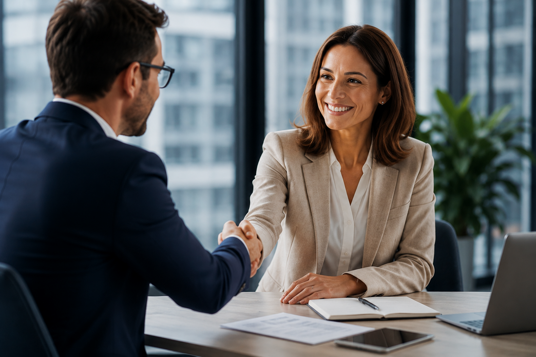Professional services adviser and client shaking hands after reaching agreement in a business meeting.