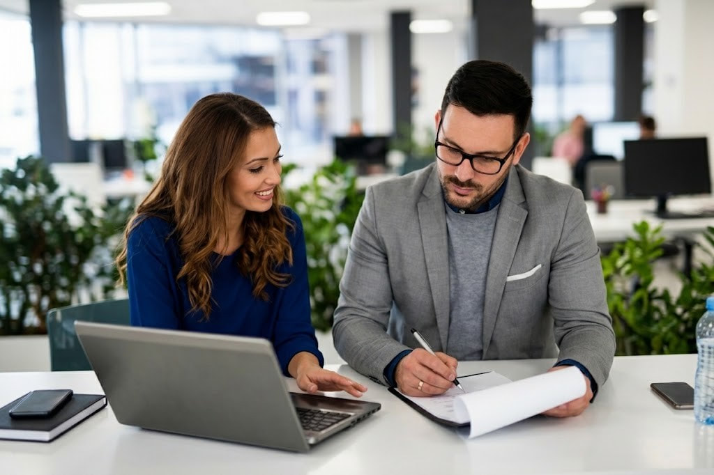 Professional adviser listening to a client and taking notes during a business discussion.