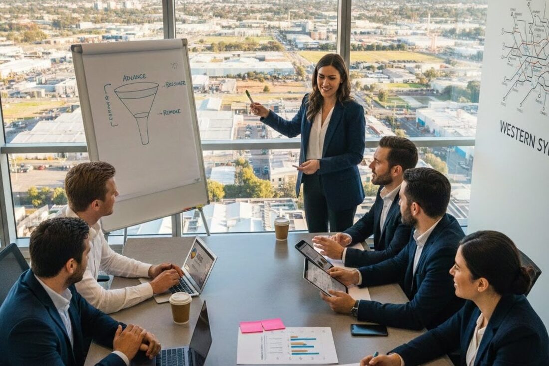 Sales team workshop reviewing a sales funnel and practical habits to improve follow-through for Western Sydney B2B sales teams