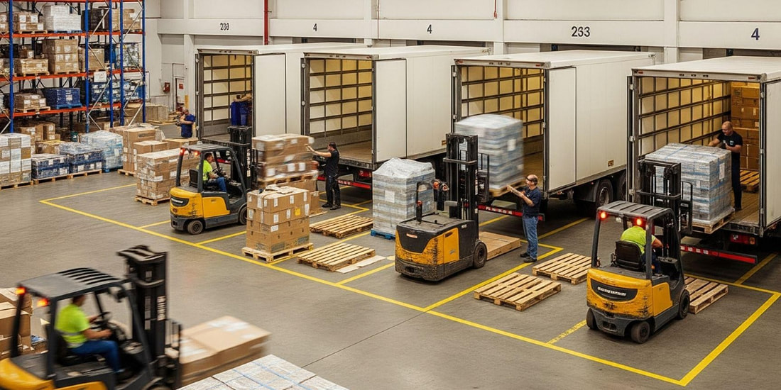 Busy warehouse and distribution operation with forklifts, palletised goods, loading bays and freight vehicles.