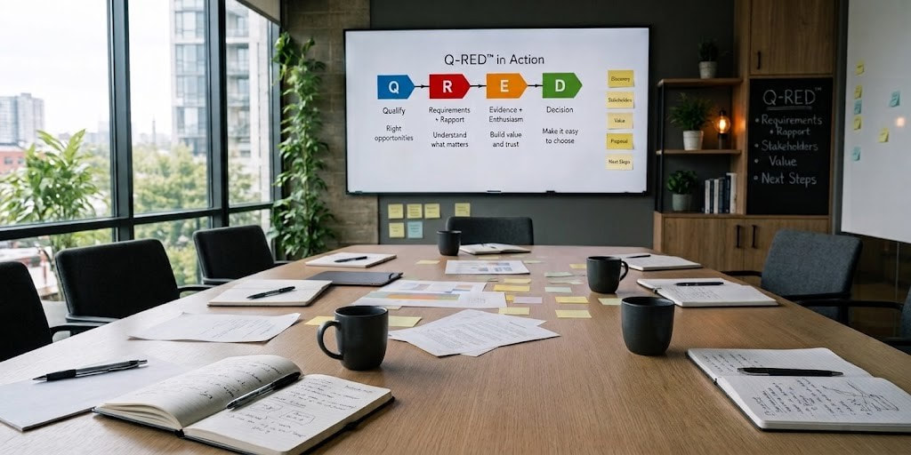 Q-RED™ Sales System displayed during a workplace sales training session.