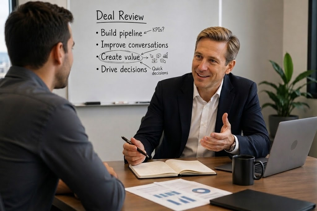 One-to-one live-deal sales coaching session reviewing next steps, stakeholders, value and timeline for a B2B sales opportunity.