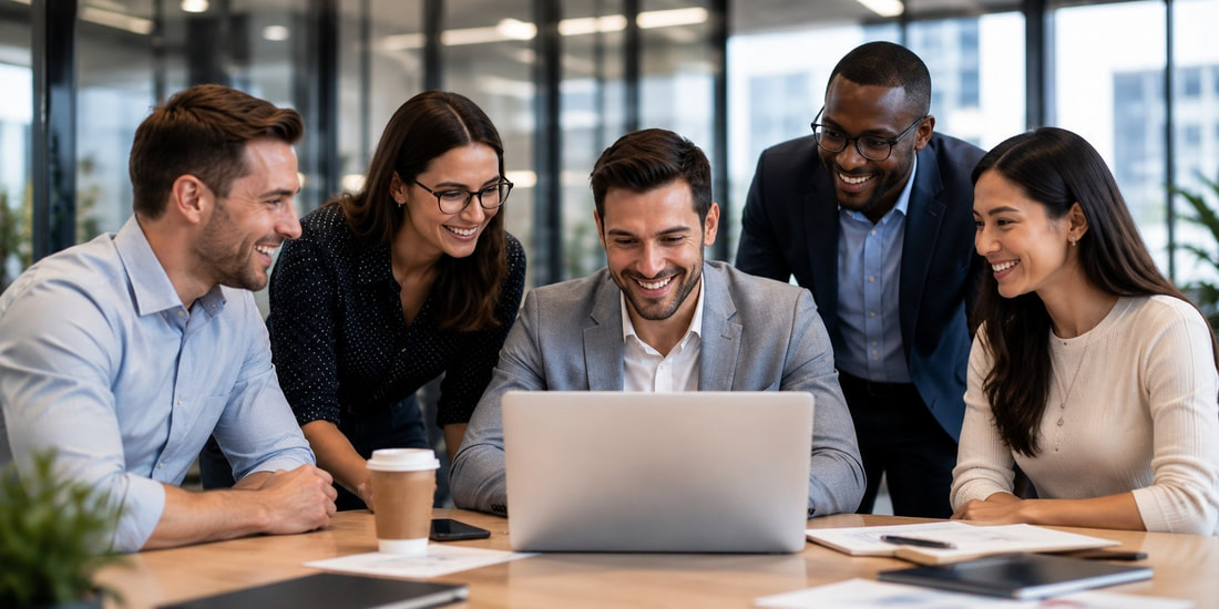 B2B sales team sharing a positive result together in a modern workplace.