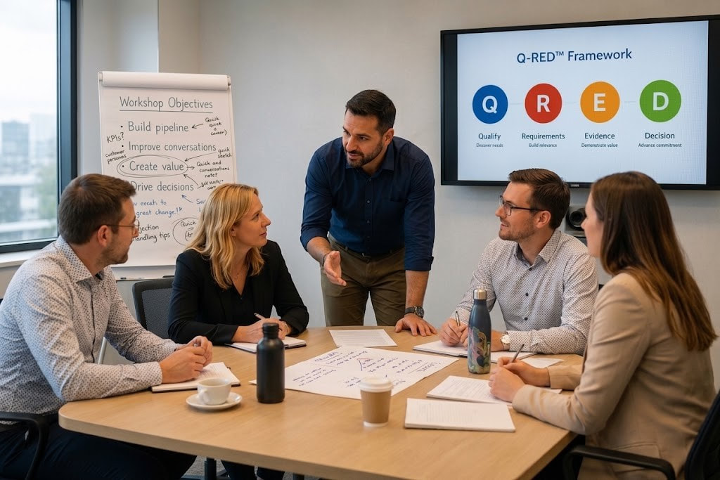 Small B2B sales team participating in an interactive system-aligned sales training session.