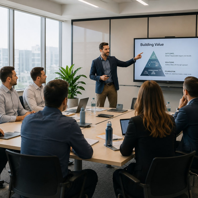 B2B sales team participating in a system-aligned group sales training session.